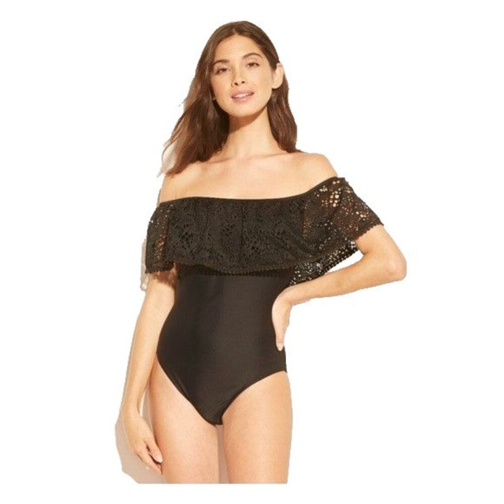 Women's Sz XS One Piece Black Swimsuit Off-the-Shoulder Crochet Ruffle Mossimo